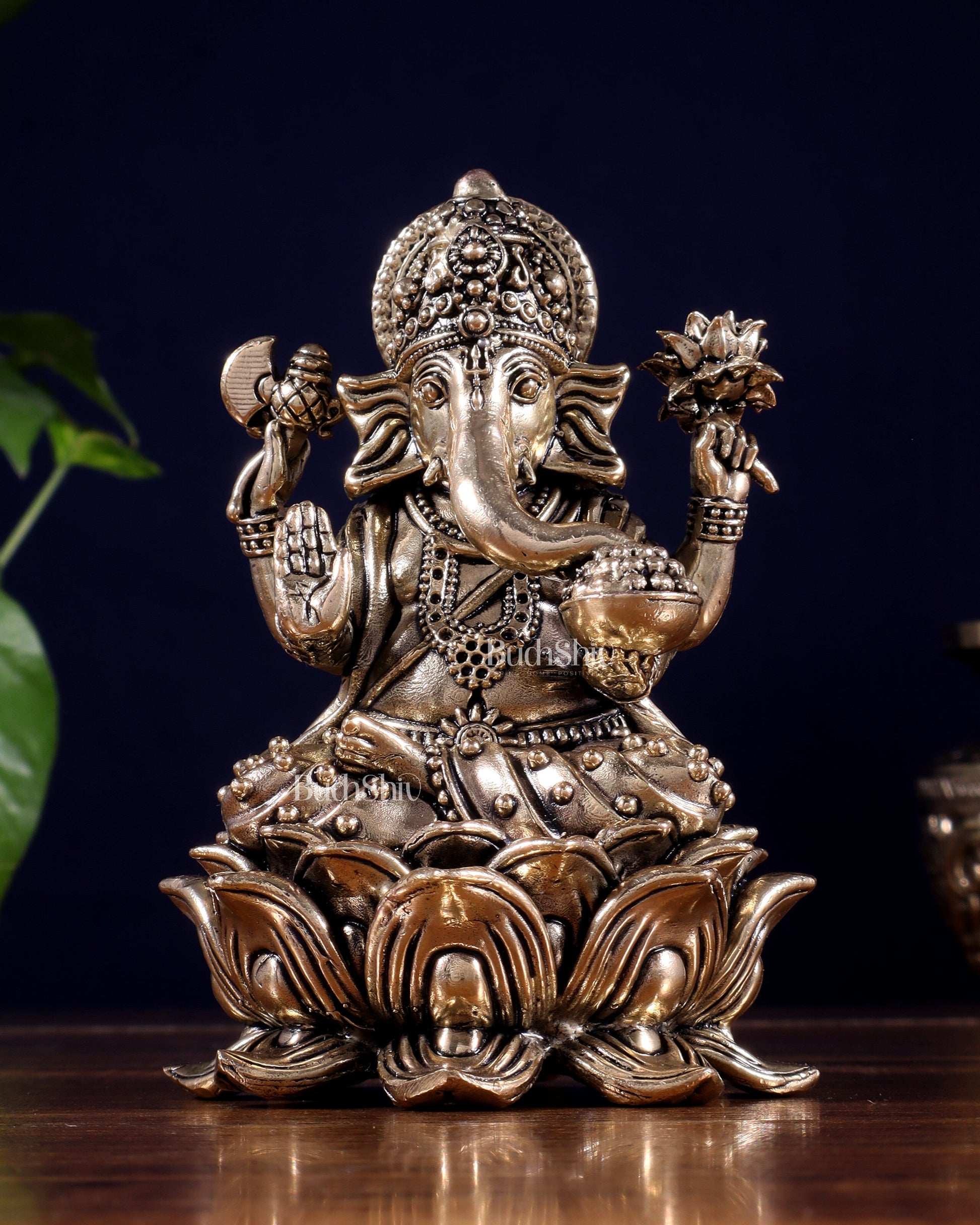 Brass Superfine Ganesha Idol on Lotus Base 5" | 100% Certified Copper & Brass - Sama Homes Idol - Brass Sculpture - Eco-friendly - Sama Homes