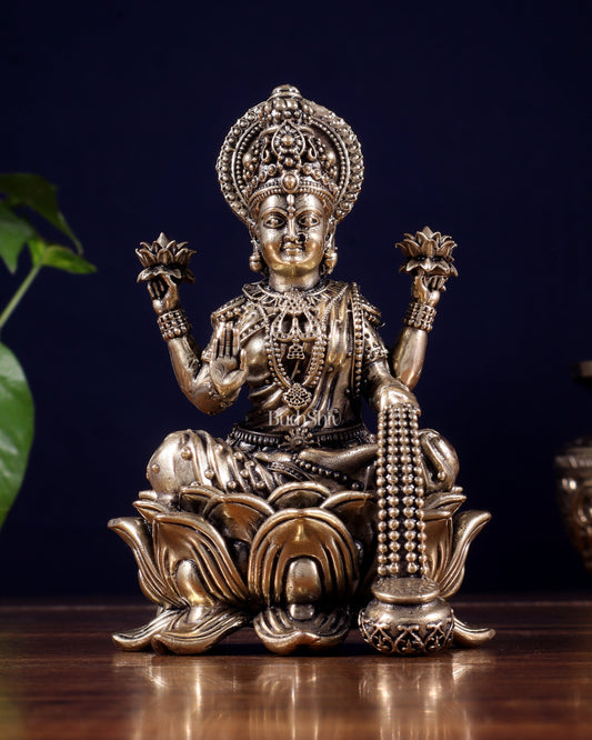 Brass Superfine Lakshmi Idol on Lotus Base 5" - Sama Homes Idol - Brass Sculpture