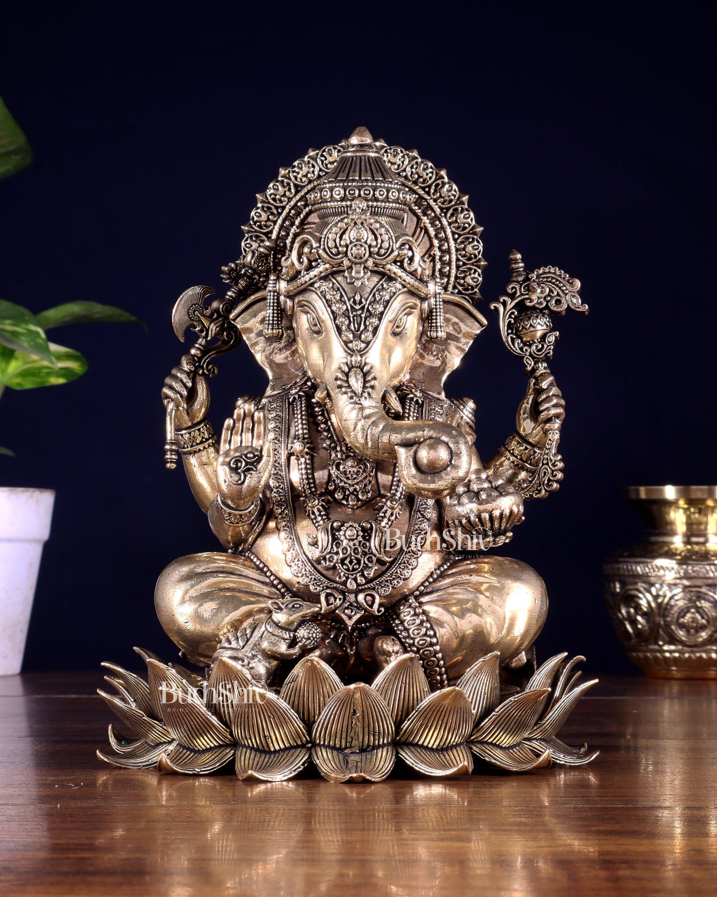 Brass Superfine Lord Ganesha Statue with Enhanced Carvings 8 inch - Sama Homes Idol - Brass Sculpture