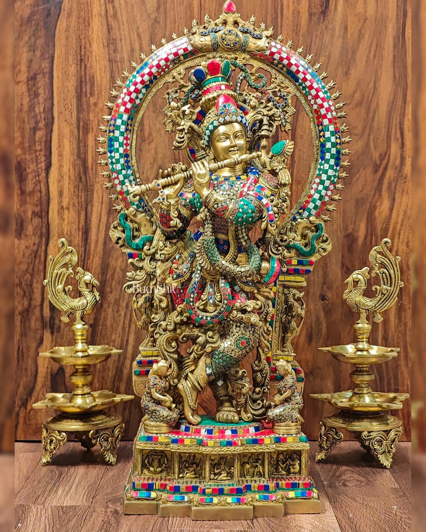 Divine Superfine Brass Krishna Statue 32 inch with stonework - Sama Homes Idol - Brass Sculpture
