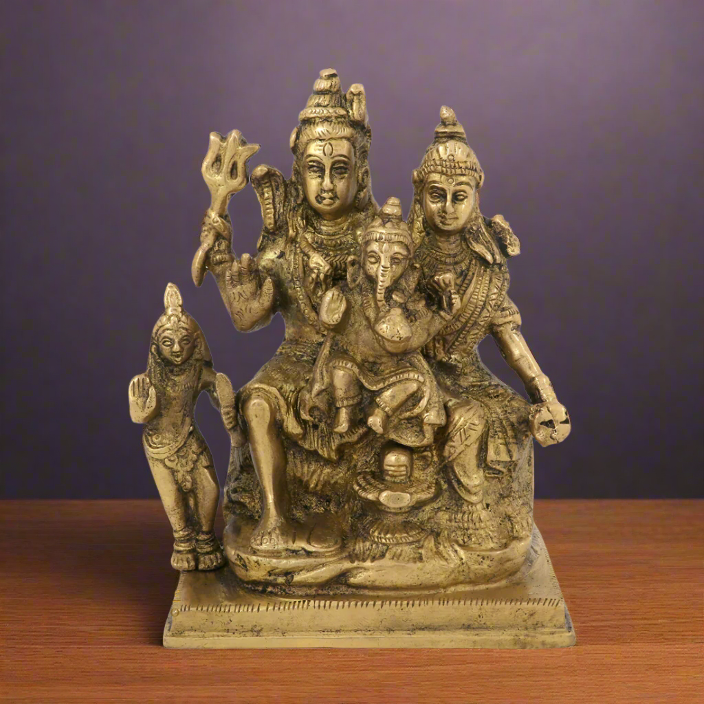 Indian Brass Hindu God Lord Shiva Parivar Family with Parvati Ganesha Kartik 6"