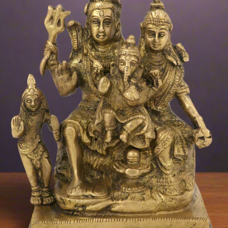 Indian Brass Hindu God Lord Shiva Parivar Family with Parvati Ganesha Kartik 6" - Image 2