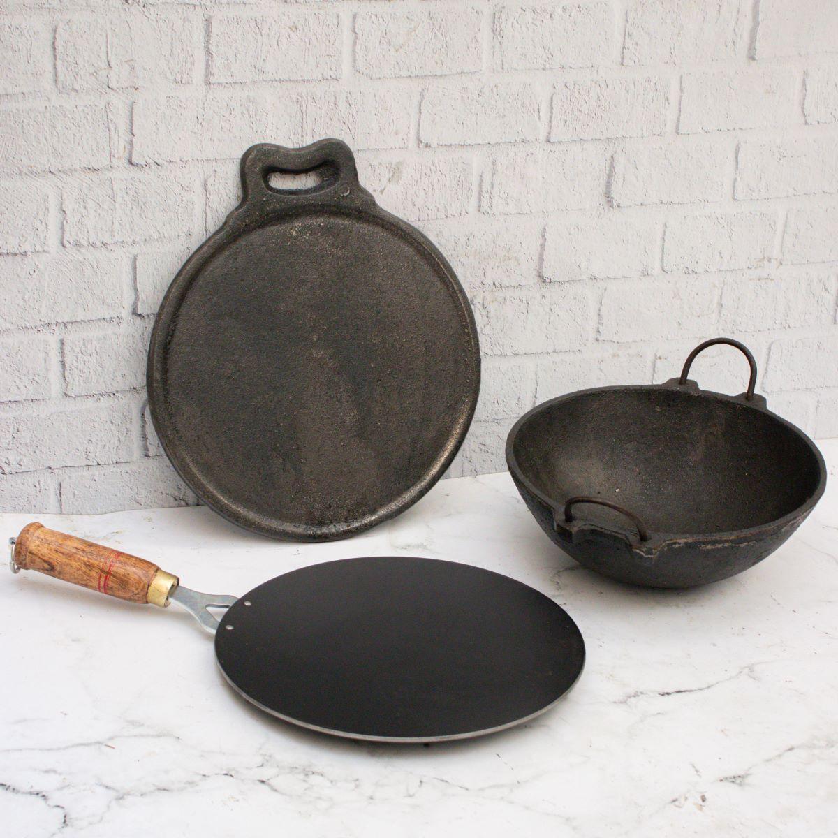 Iron Roti Tawa, Cast Iron Tawa, Cast Iron Kadai Cookware Combo Set – Sama Homes