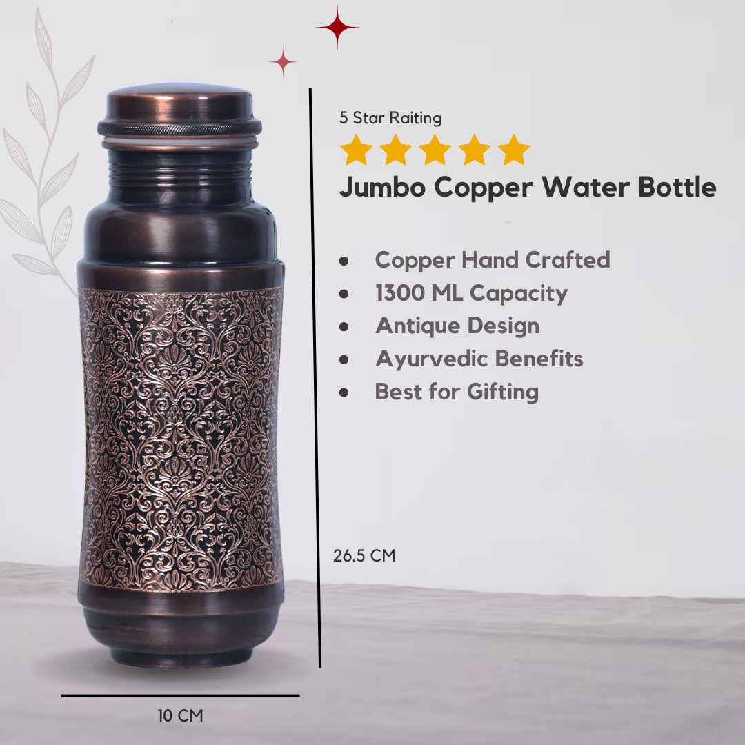 Pure Copper Jumbo Water Bottle | Black Antique Engraving Design | Capacity - 1300ML |Unique Design, Large Capacity Flask - Sama Homes