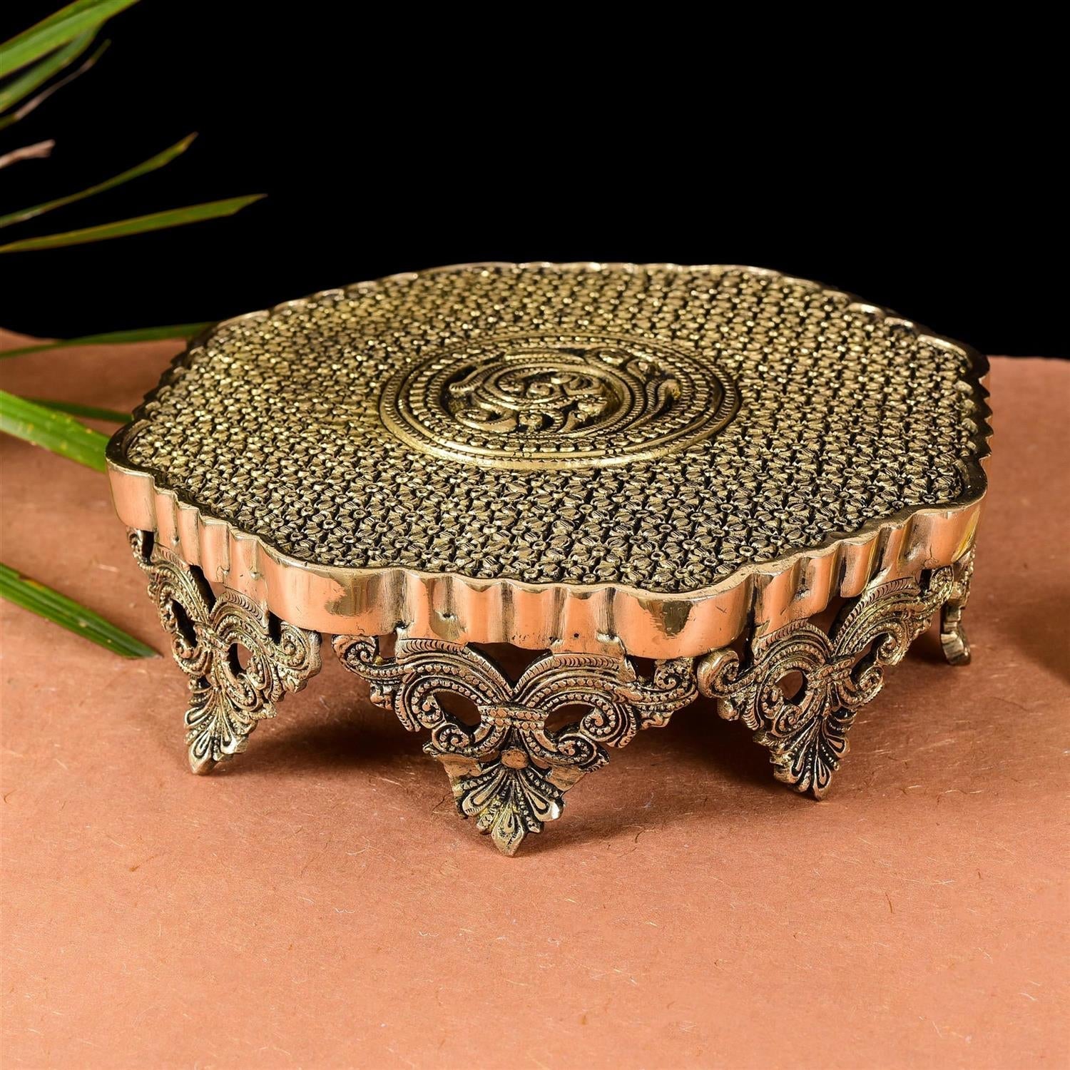 Beautifully Carved Brass Chowki/Stool (3.5 Inch) - Eco-friendly - Sama Homes