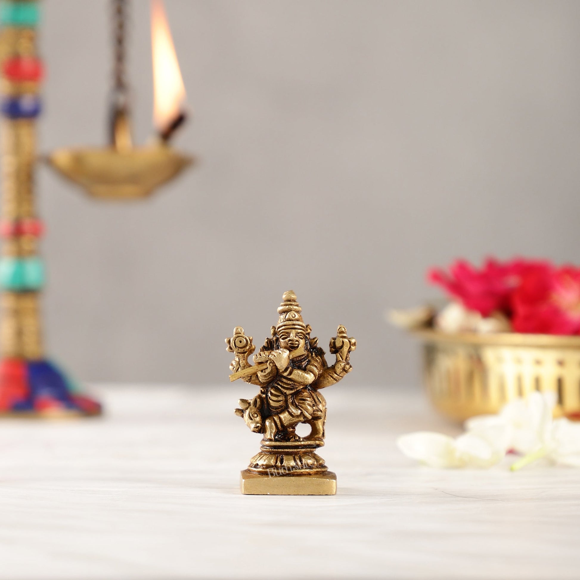 Brass Krishna with cow idol 2 inch | 100% Certified Copper & Brass - Sama Homes Idol - Brass Sculpture - Eco-friendly - Sama Homes