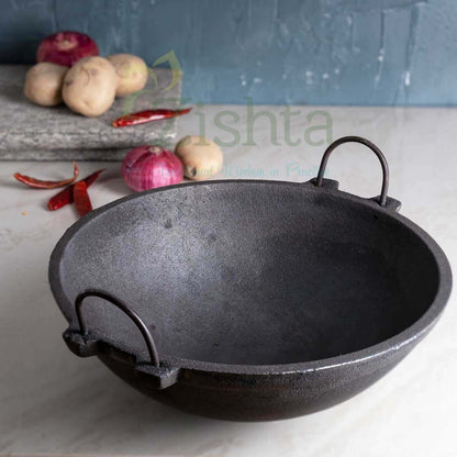 Large Cast Iron Combo: Iron Dosa Tawa, Cast Iron Kadai with Tadka Ladle – Image 2