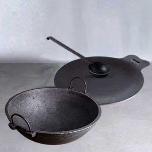 Large Cast Iron Combo: Iron Dosa Tawa, Cast Iron Kadai with Tadka Ladle – Sama Homes