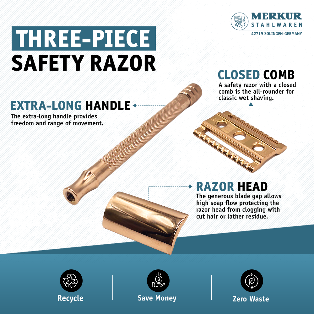 Merkur 3-Piece Ladies DE Safety Razor, Closed Comb, Knurled Extra Long Handle, Rose Gold, Pink Box by Merkur - Double Edge Safety Razors (View 3)