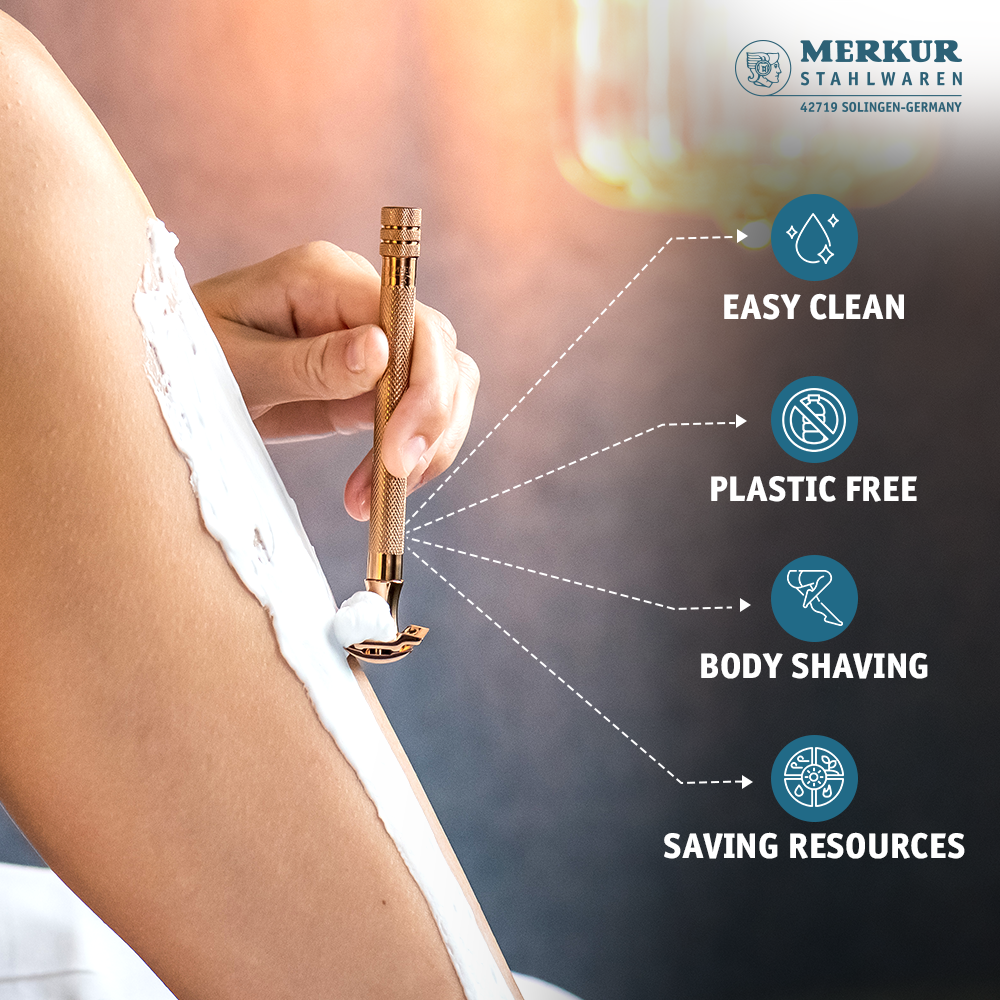 Merkur 3-Piece Ladies DE Safety Razor, Closed Comb, Knurled Extra Long Handle, Rose Gold, Pink Box
