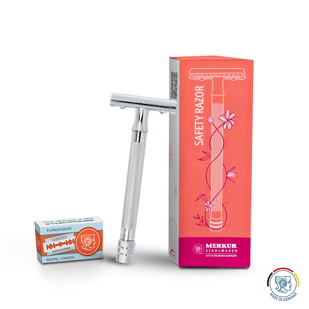 Merkur 3-Piece Ladies DE Safety Razor, Closed Comb, Knurled Extra Long Handle, Chrome, Pink Box - Eco-friendly - Sama Homes