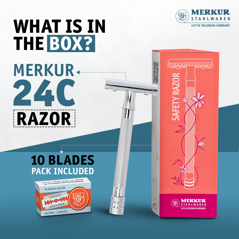 Merkur 3-Piece Ladies DE Safety Razor, Closed Comb, Knurled Extra Long Handle, Chrome, Pink Box