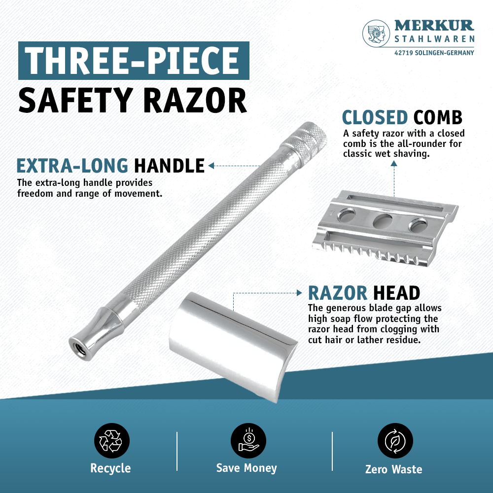 Merkur 3-Piece Ladies DE Safety Razor, Closed Comb, Knurled Extra Long Handle, Chrome, Pink Box - Image 3