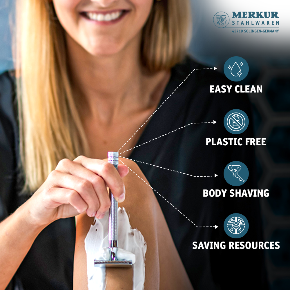 Merkur 3-Piece Ladies DE Safety Razor, Closed Comb, Knurled Extra Long Handle, Chrome, Pink Box - Image 5