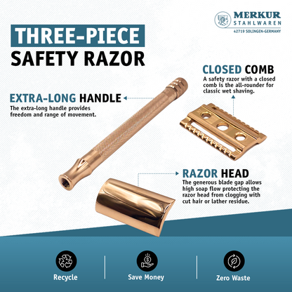 Merkur 3-Piece Ladies DE Safety Razor, Closed Comb, Knurled Extra Long Handle, Rose Gold, Pink Box by Merkur - Double Edge Safety Razors (View 3)