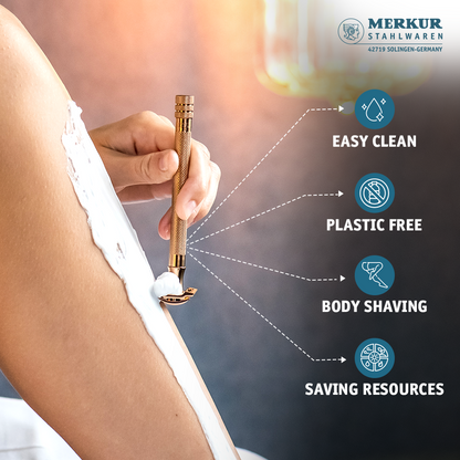 Merkur 3-Piece Ladies DE Safety Razor, Closed Comb, Knurled Extra Long Handle, Rose Gold, Pink Box by Merkur - Double Edge Safety Razors (View 5)
