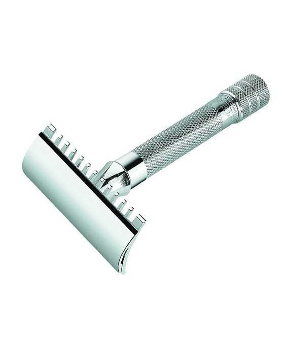 Merkur 15C 3-Piece DE Safety Razor, Open Tooth Comb, Knurled Standard Handle, Chrome