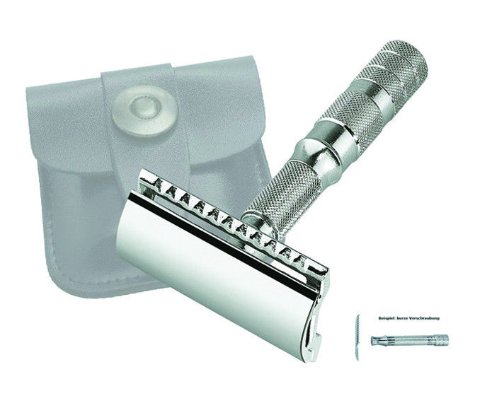 Merkur 3-Piece Travel DE Safety Razor, Straight Cut, Chrome, Travel Size with Leather Case