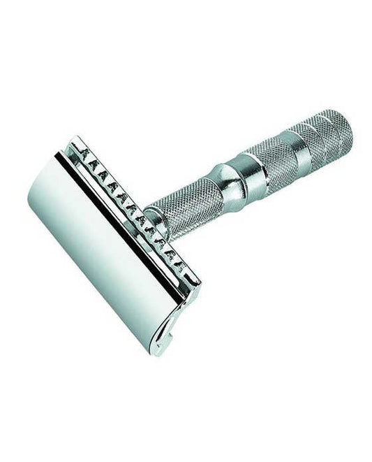 Merkur 3-Piece Travel DE Safety Razor, Straight Cut, Chrome, Travel Size with Leather Case