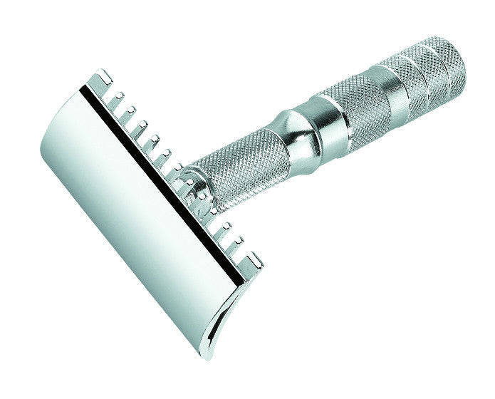 Merkur 3-Piece Travel DE Safety Razor, Straight Cut, Chrome, Travel Size with Leather Case