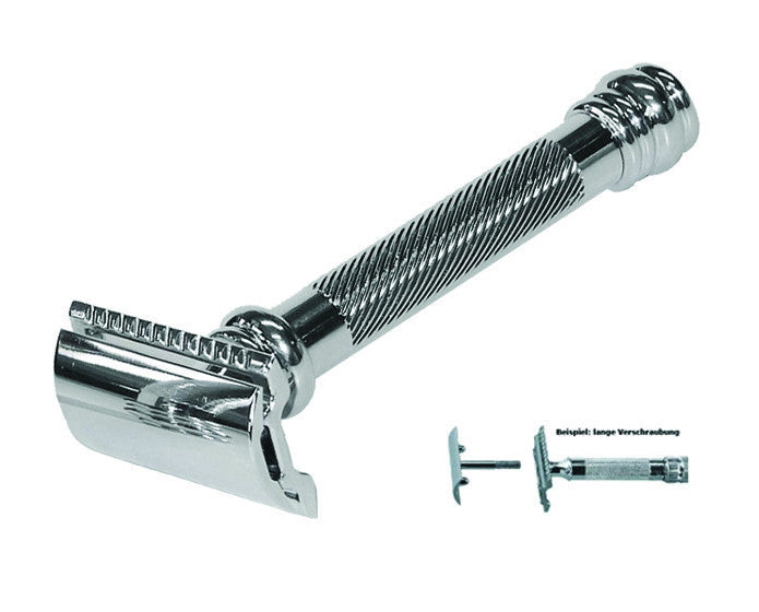Chrome safety razor with two additional blades on a white background - Image 3