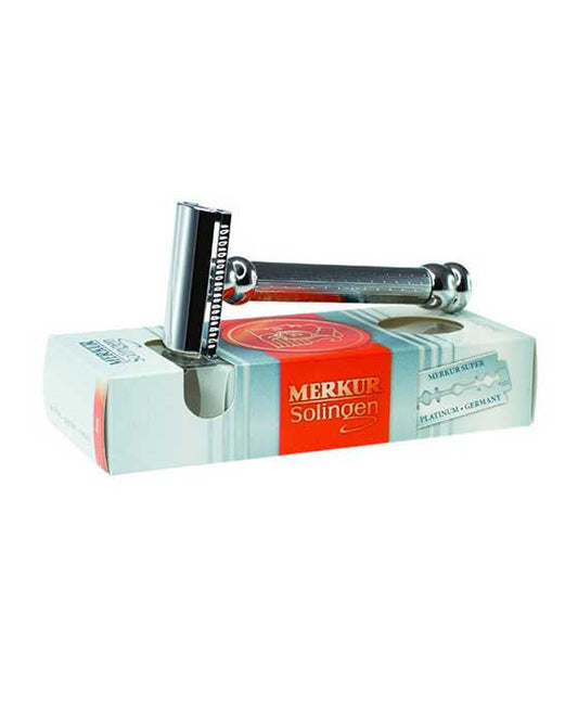 Merkur 2-Piece DE Safety Razor, Closed Comb, Extra Long Engine-Turned Handle, Chrome