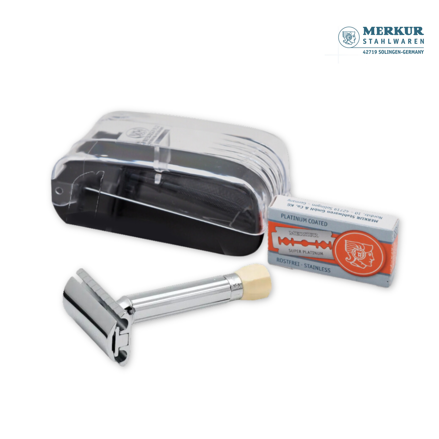 Merkur 3-Piece Shaving Set with Progress Adjustable Razor (500001), Hard Case and 10pack of blades, Chrome