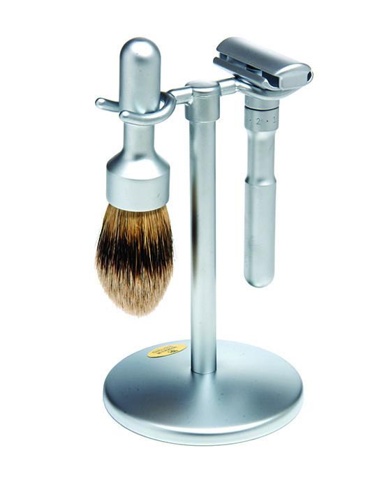 Merkur 3-Piece Shaving Set with Futur Adjustable Razor (700002), Silver Tip Badger Shave Brush and 3-Piece Razor Stand, Matte