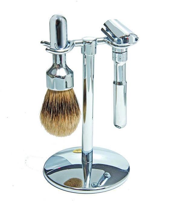 Merkur Shaving Set with Futur DE Safety Razor, Silver Tip Badger Shave Brush and  3-piece Stand, Chrome - Eco-friendly - Sama Homes