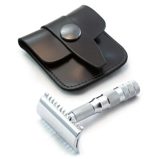 Merkur 3-Piece Travel DE Safety Razor, Open Comb, Chrome, Travel Size with Leather Case