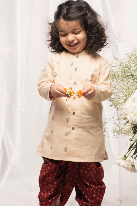 Boys Red Embroidered Buti Dhoti Set