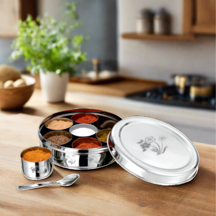 Steel Masala / Spice Box with 7 Storage Bowls and 1 Spoon – Image 2 - Image 2