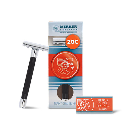 Merkur 20B 3-Piece DE Safety Razor, Closed Comb, Long Handle, Bright Chrome/ Black by Merkur - Double Edge Safety Razors