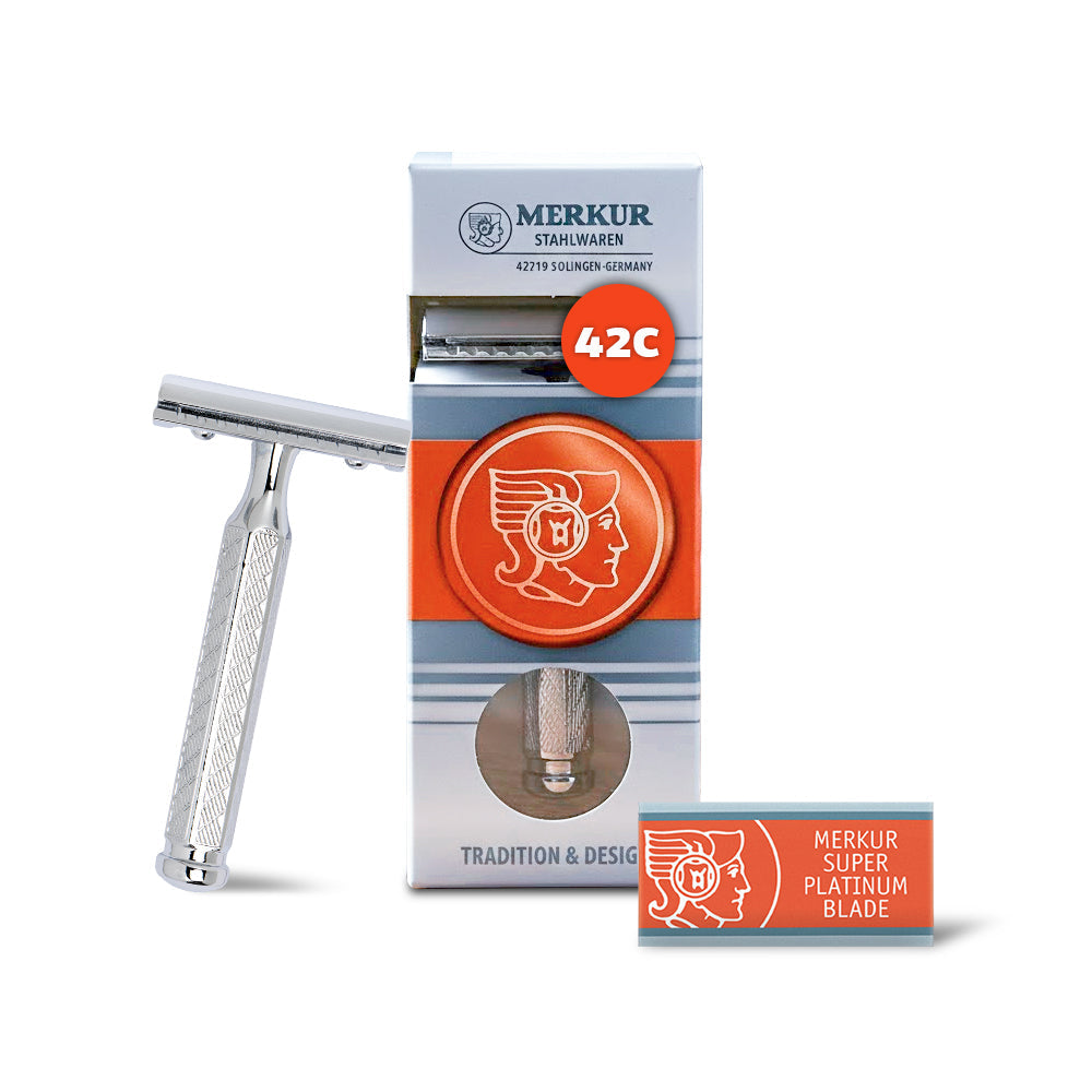 Merkur 42C 3-Piece DE Safety Razor, Closed Comb, Classic 1906 Etched Handle, Chrome - Eco-friendly - Sama Homes