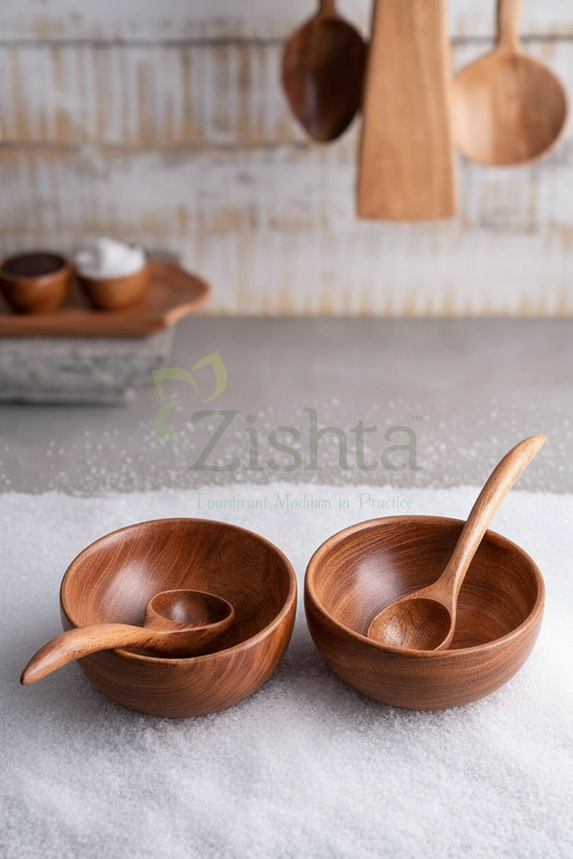 Handcrafted Neem Wood Soup Bowls Set of 2 with Spoons