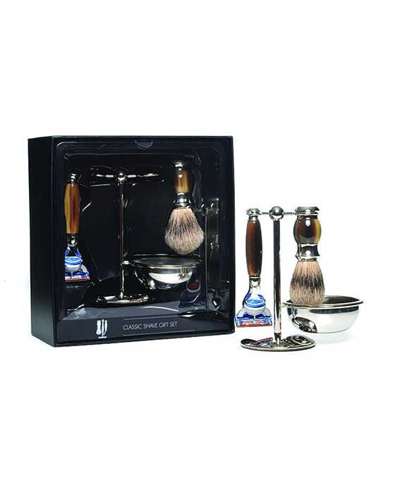 PB-45FST PureBadger Collection Brown 4pc Set, Faux Horn Silvertip Brush, Fusion Razor, Stand & Bowl - Eco-friendly - Sama Homes