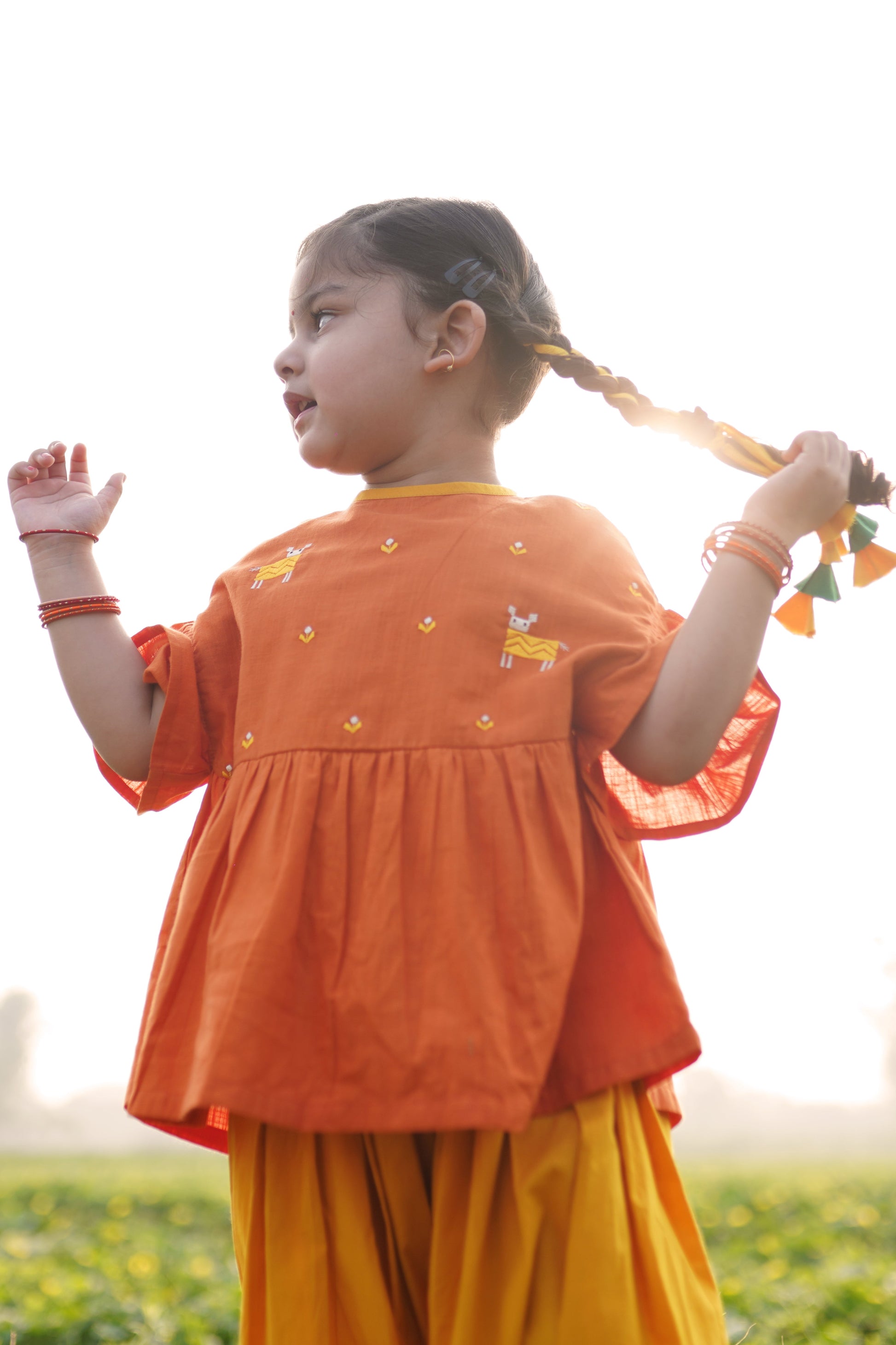Girls Orange Phulkari Deer Top Set - Image 2