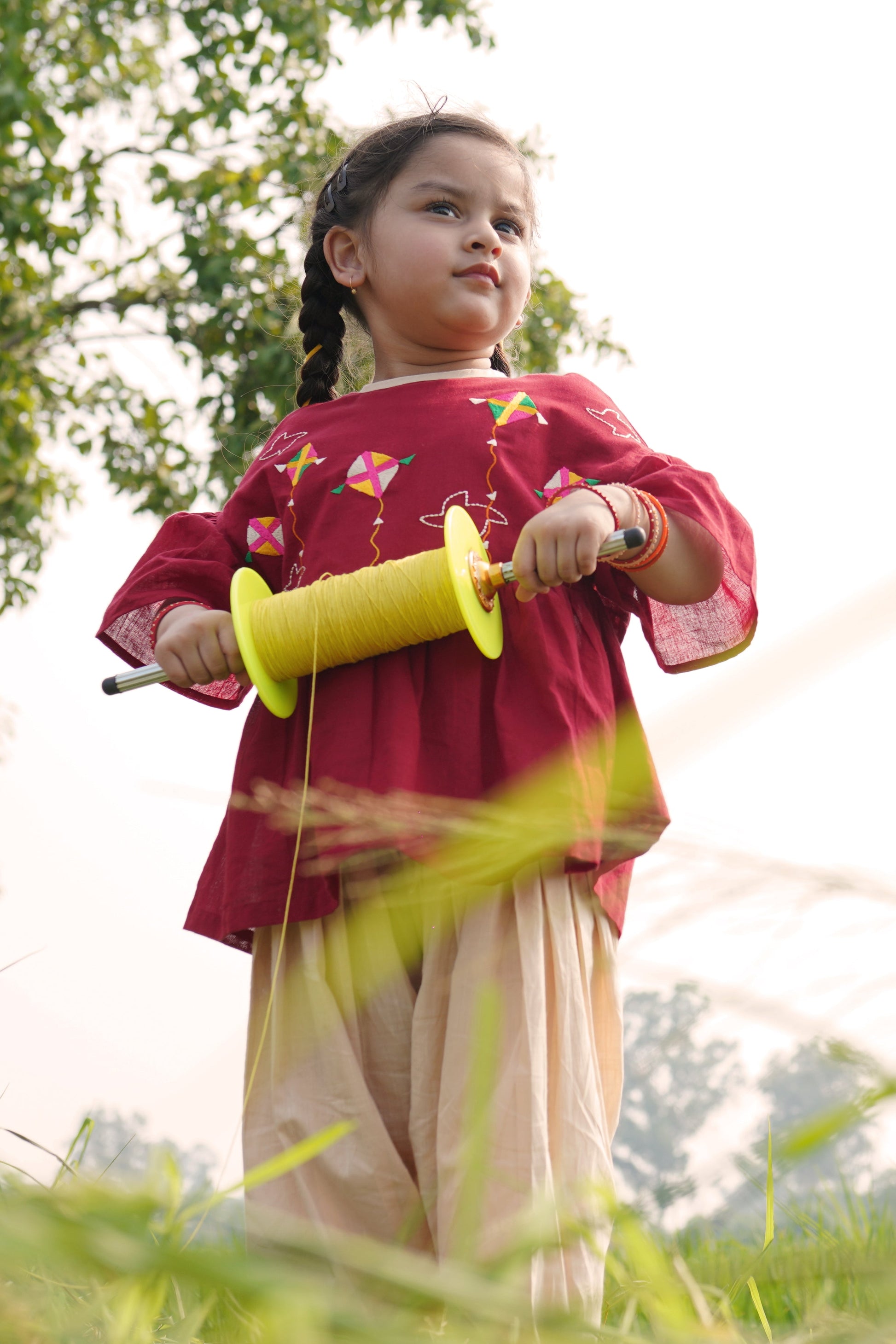 Girls Maroon Phulkari Kite Top Set - Eco-friendly - Sama Homes