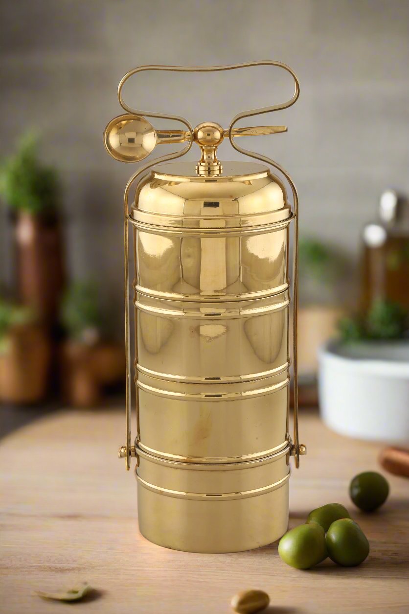 Handcrafted Brass Lunch Box (4-Tier) | Eco-Friendly Traditional Indian Tiffin for Healthy Meals - Eco-friendly - Sama Homes