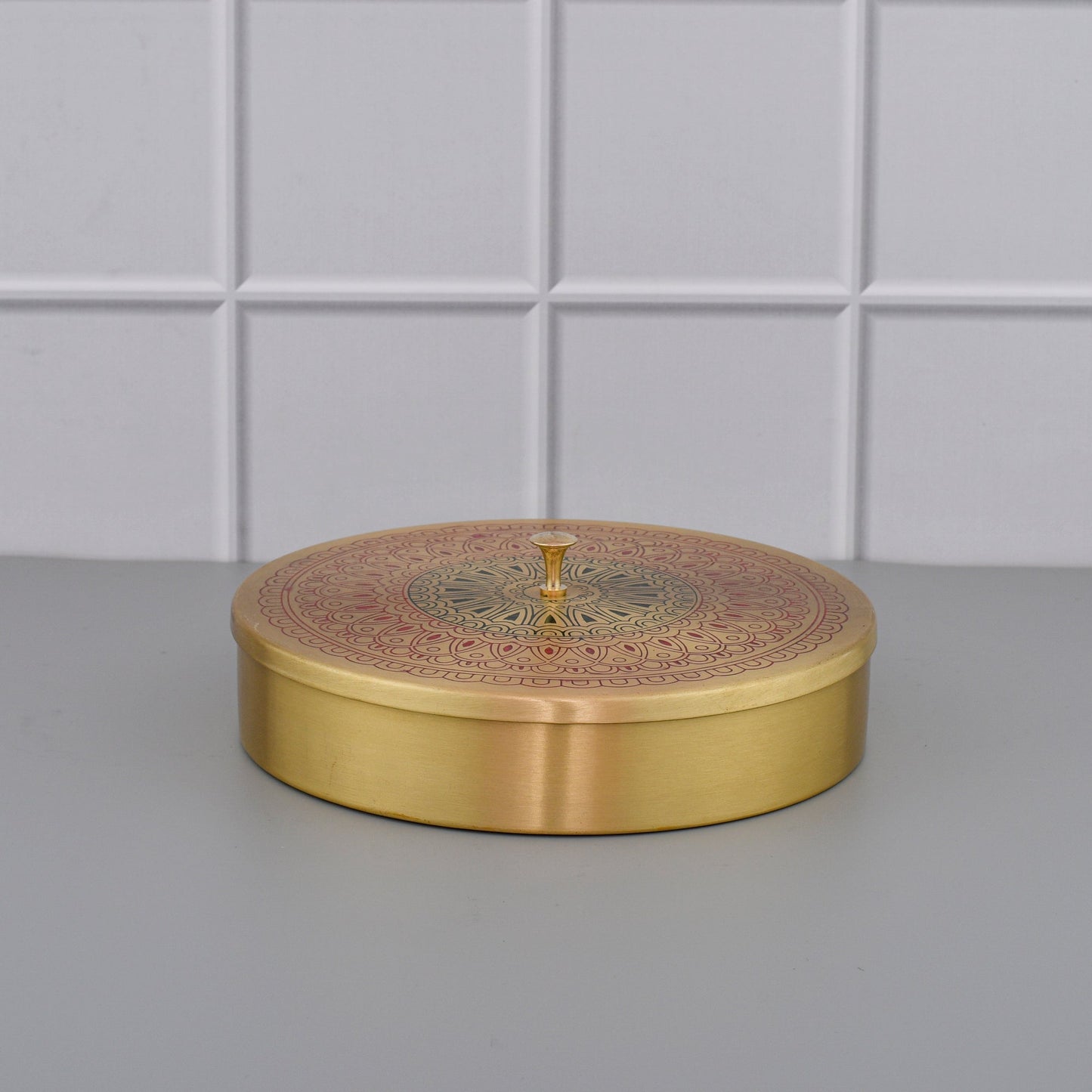8" Brass Masala Box / Spice Box with Spoon - Red Mandala – Image 2