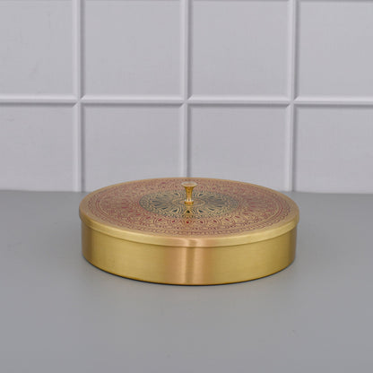 8" Brass Masala Box / Spice Box with Spoon - Red Mandala – Image 2