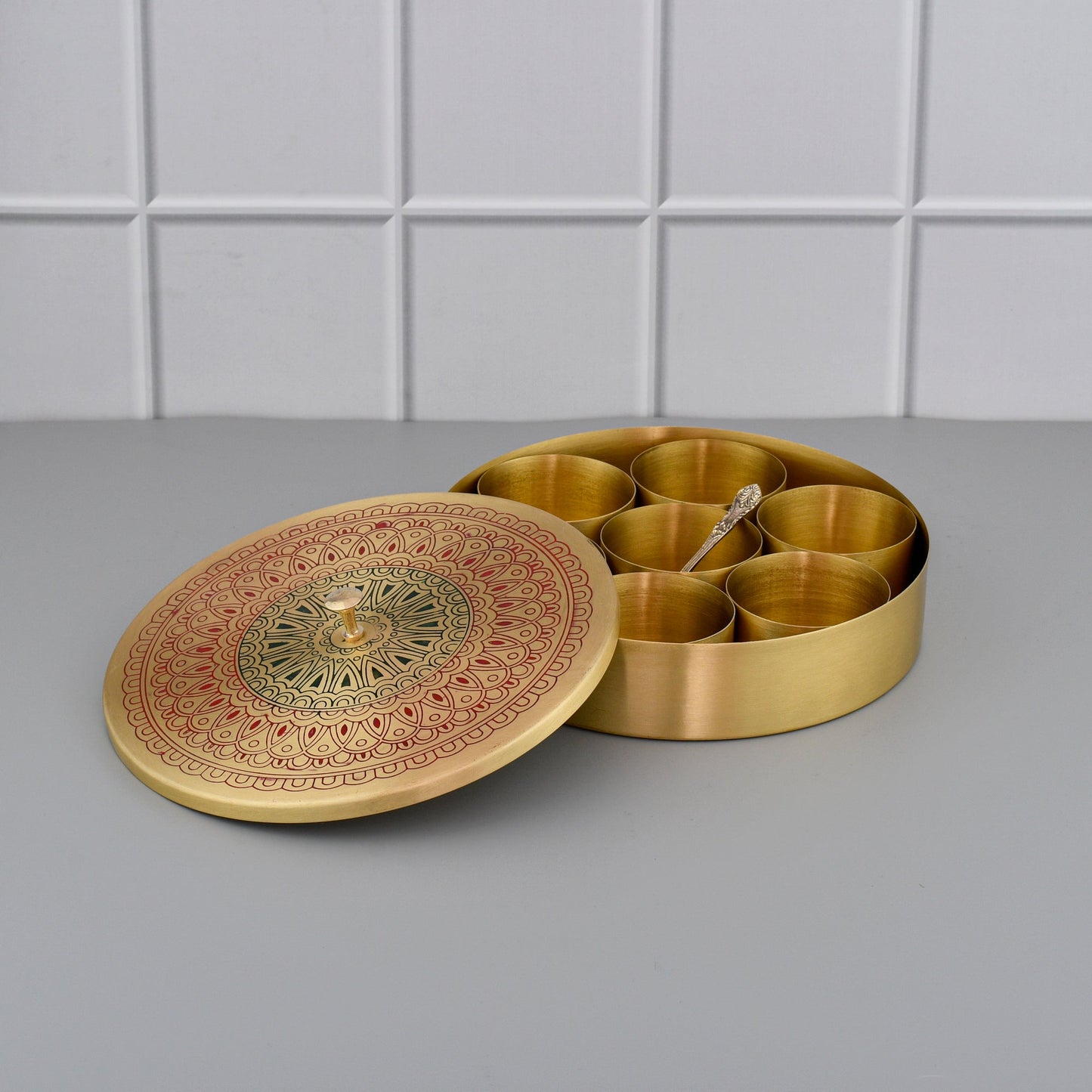 8" Brass Masala Box / Spice Box with Spoon - Red Mandala – Sama Homes