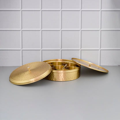 9" High Quality Brass Masala Box / Spice Organizer Box with Spoon - Matte Hammered – Sama Homes