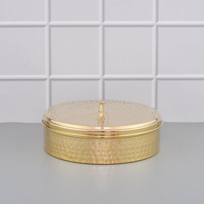 9" Brass Masala Box / Spice Organizer Box with Spoon - Shiny Hammered – Image 2