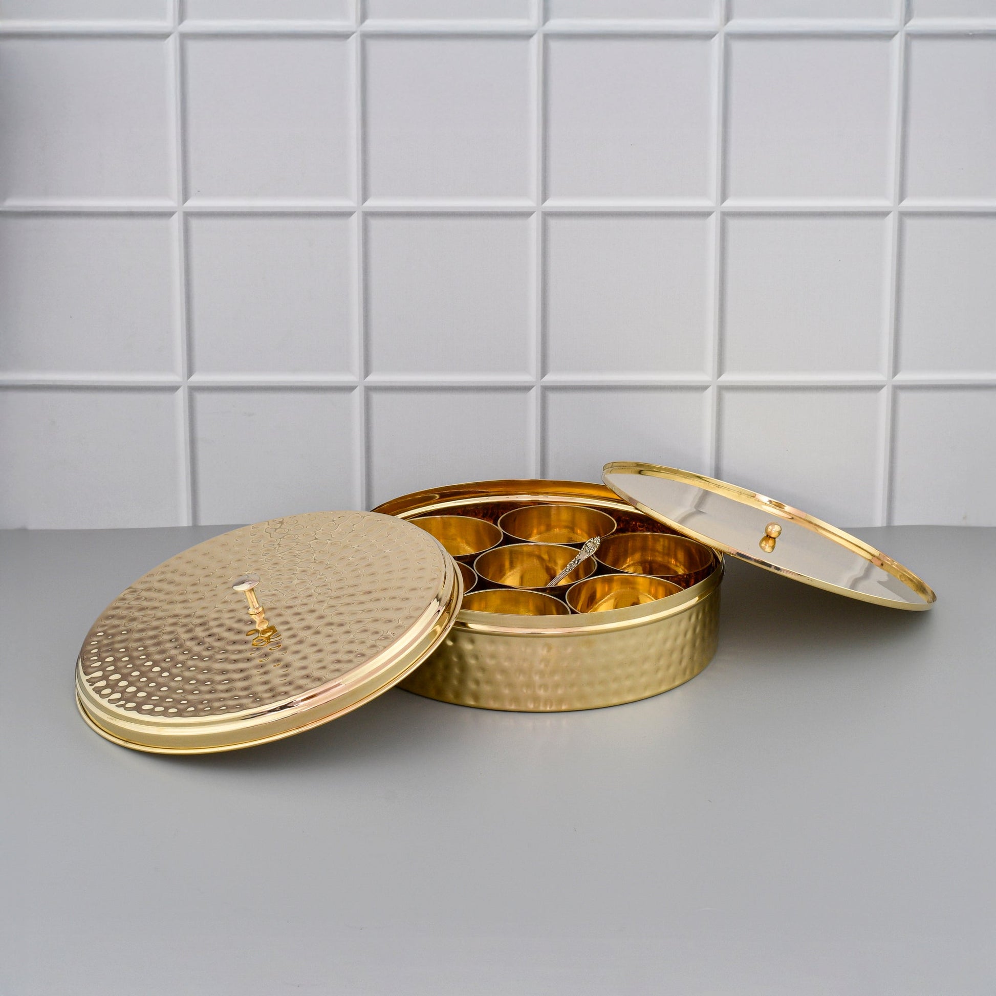 9" Brass Masala Box / Spice Organizer Box with Spoon - Shiny Hammered – Sama Homes - Eco-friendly - Sama Homes