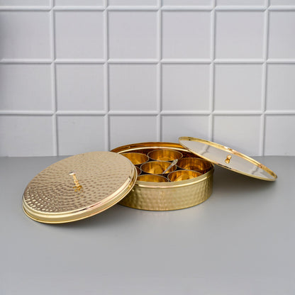 9" Brass Masala Box / Spice Organizer Box with Spoon - Shiny Hammered – Sama Homes