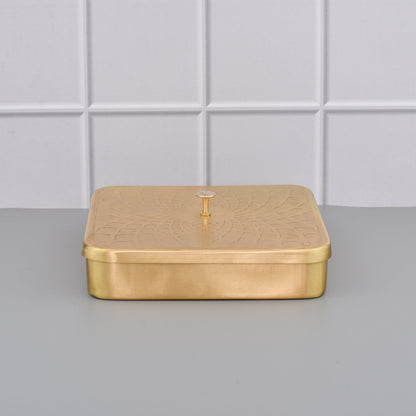 8" Square Brass Masala Box / Spice Organizer Box with Spoon - Matte Etching – Image 2