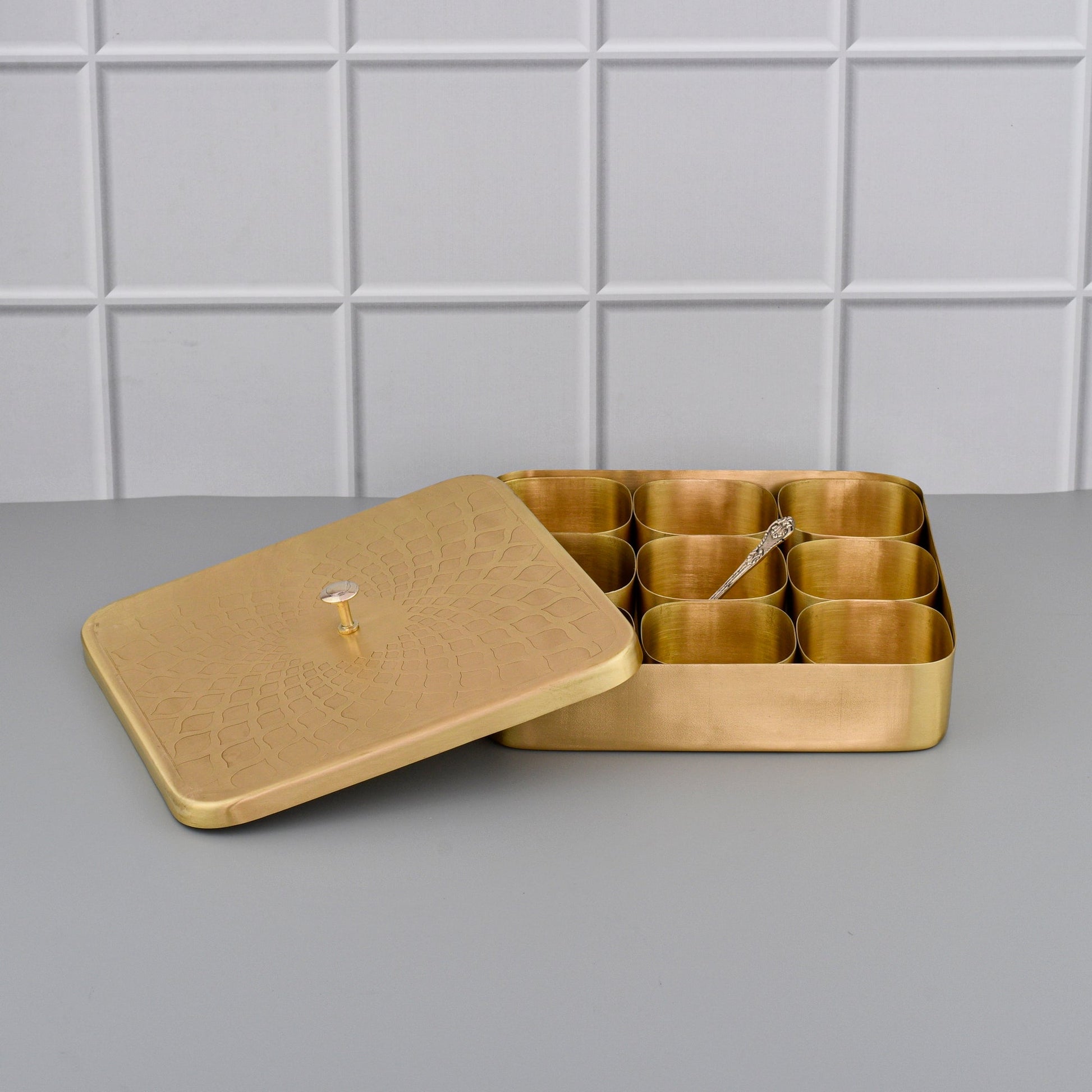 8" Square Brass Masala Box / Spice Organizer Box with Spoon - Matte Etching – Sama Homes - Eco-friendly - Sama Homes