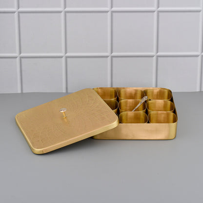 8" Square Brass Masala Box / Spice Organizer Box with Spoon - Matte Etching – Sama Homes