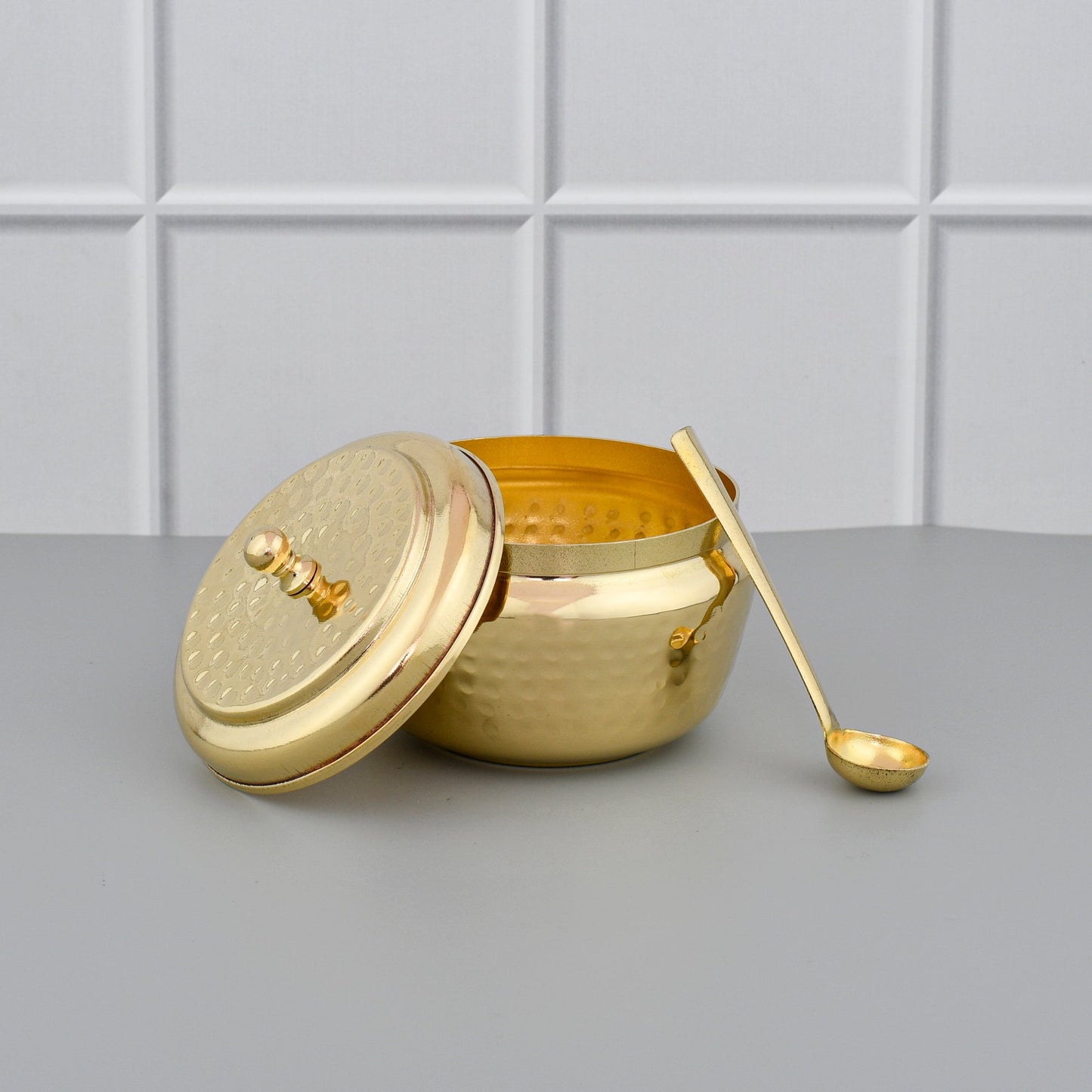 High Quality Brass Ghee Pot With Spoon - Glossy Hammered
